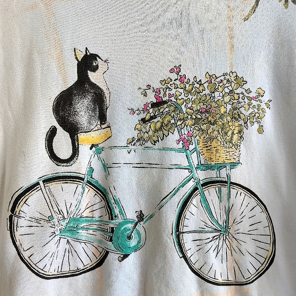 Jade & Jane Cat on Bike Top Whimsical Cottagecore Cat Lover Light Blue - Picture 2 of 8